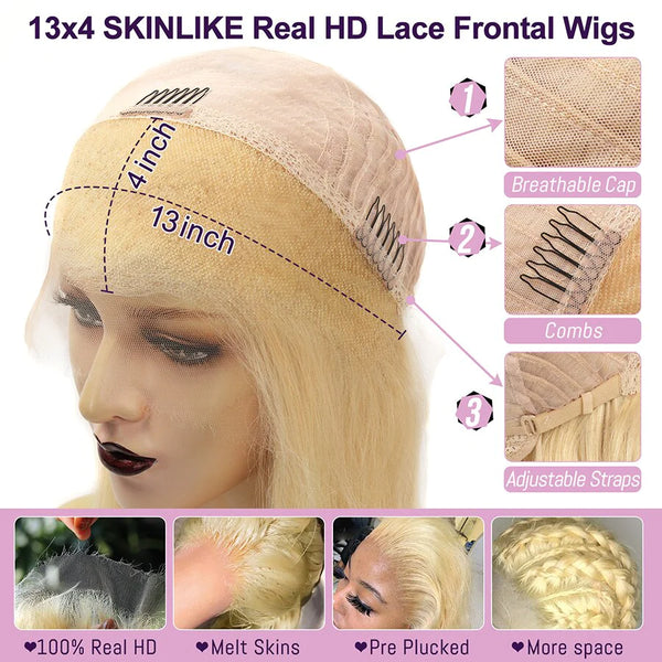 WOWANGEL 613 Ombre Blonde 13x4 Skinlike Real HD Lace Full Frontal Wig Body Wave