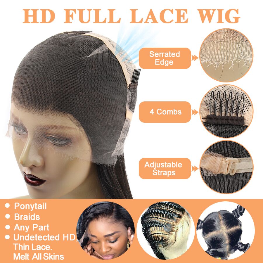 Full Lace Wig Human Hair Kinky Straight Natural Black