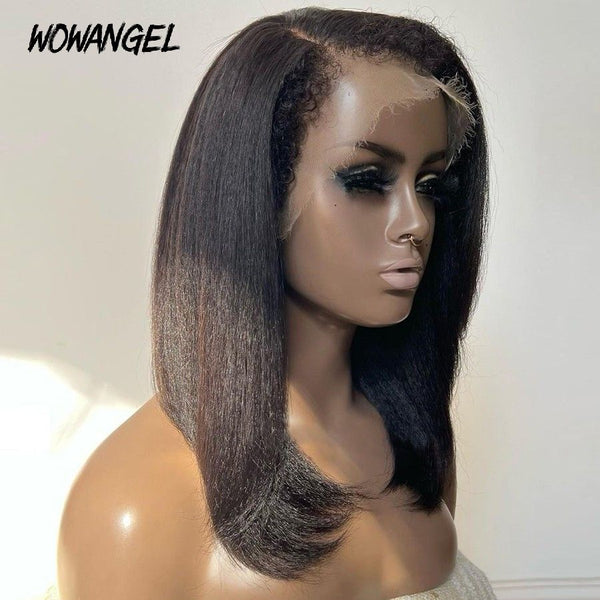 WOWANGEL 4C Edges Wig Skinlike Real HD 13x6 Kinky Straight BOB With Curly Baby Hair