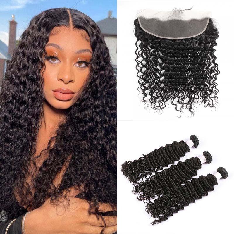 Deep wave hair bundles with HD lace frontal