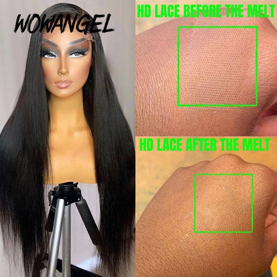 WOWANGEL HD lace frontal before and after melting, demonstrating its seamless blend with the skin for an undetectable finish.