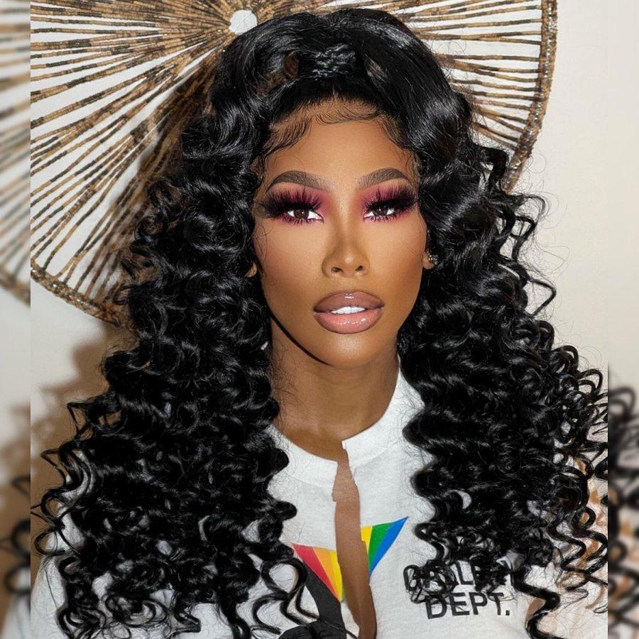 WOWANGEL 13x6 HD lace front wig with loose curls on model.