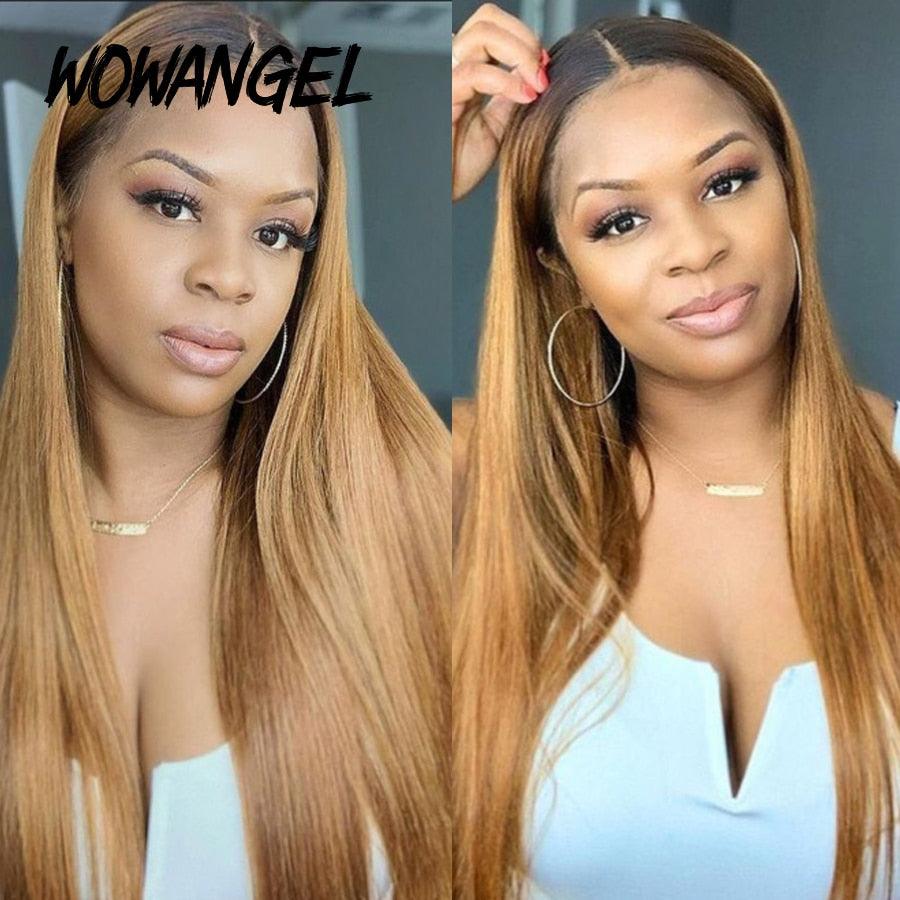 Woman wearing long ombre blonde lace front wig