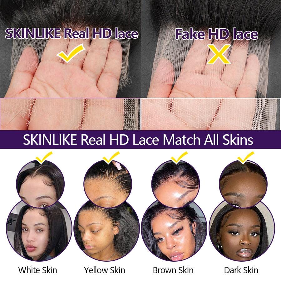 Side-by-side comparison of SKINLIKE Real HD Lace and Fake HD Lace, highlighting the natural blend for all skin tones.