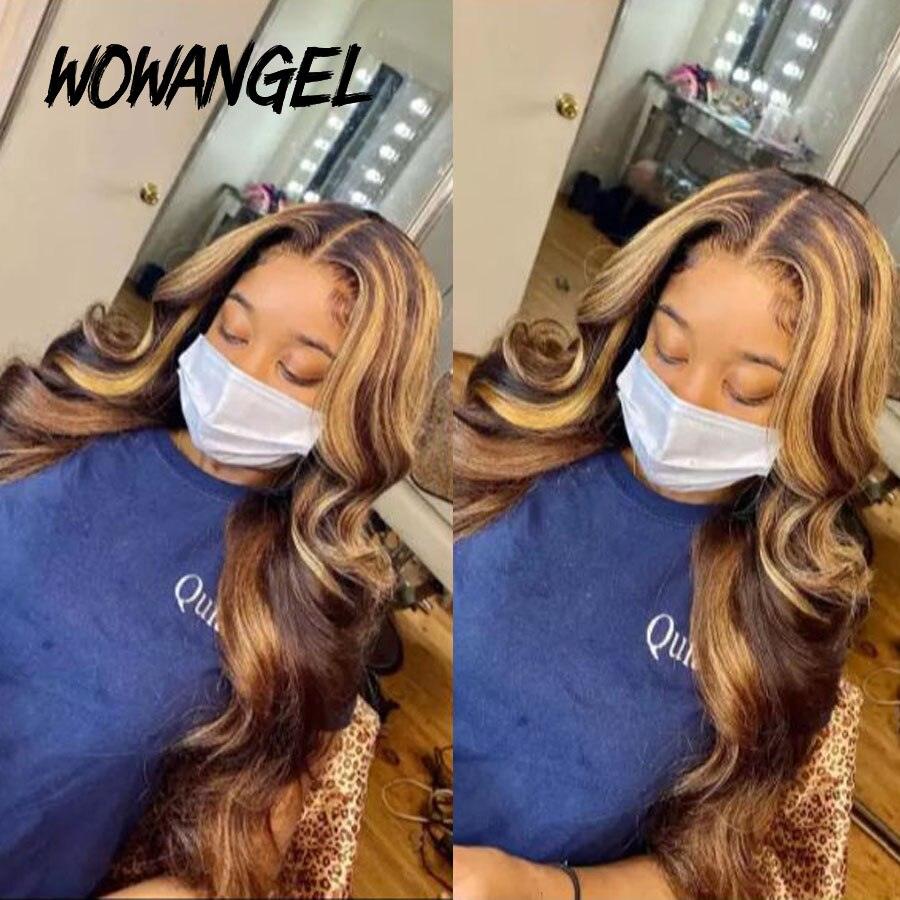 WOWANGEL wig styled on model with highlights and body wave