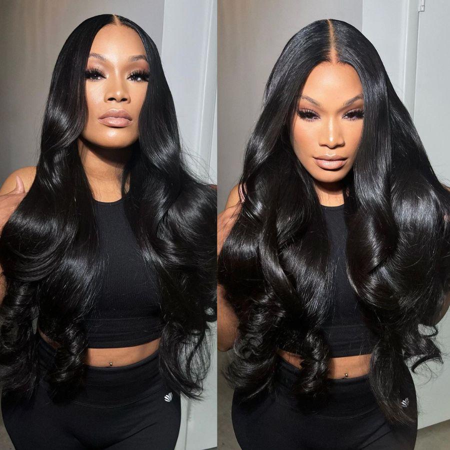 Model wearing jet black body wave HD lace wig