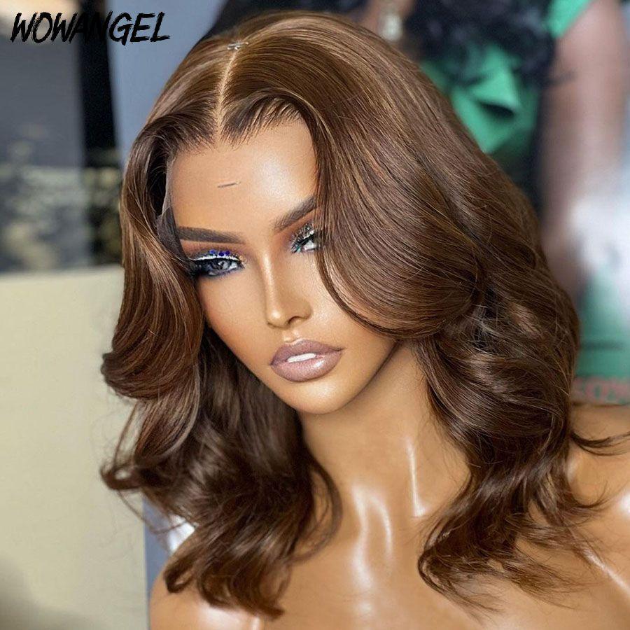 Glueless light brown HD lace front wig with wavy bob.