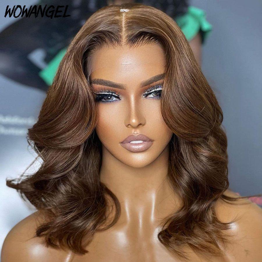 Light brown HD lace front wig with natural wave bob.