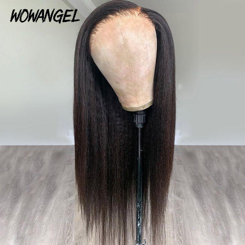 Full-length view of WOWANGEL kinky straight wig on stand