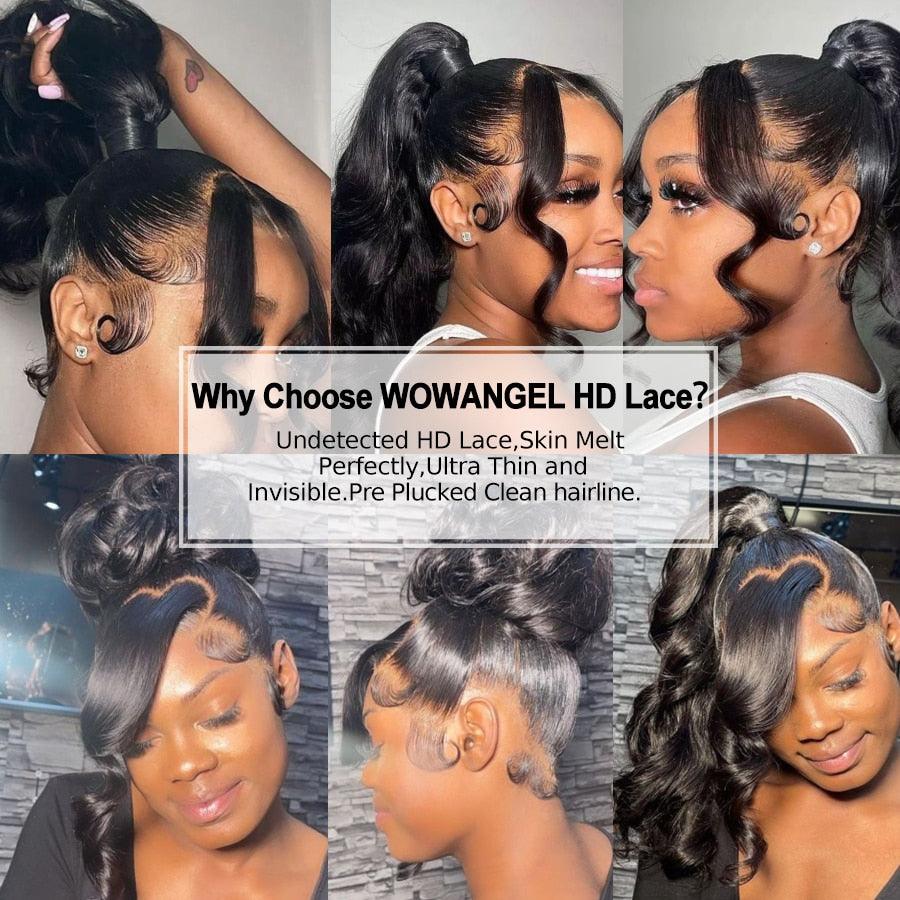 Various styles of WOWANGEL HD lace wigs on different models.