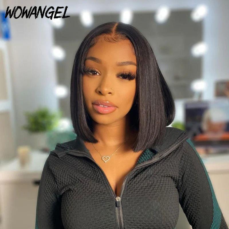 Model showcasing WOWANGEL glueless bob wig in natural black