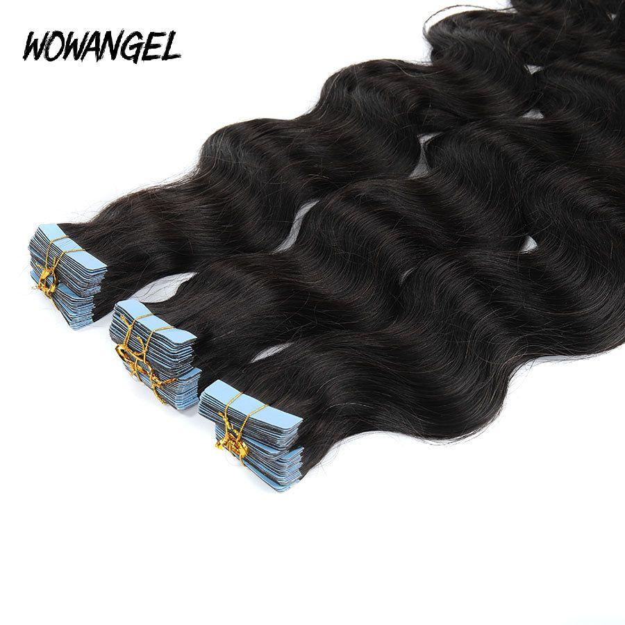 WOWANGEL Tape in Hair Extensions Body Wave Natural Black Human Hair 40pcs 100g - wowangel