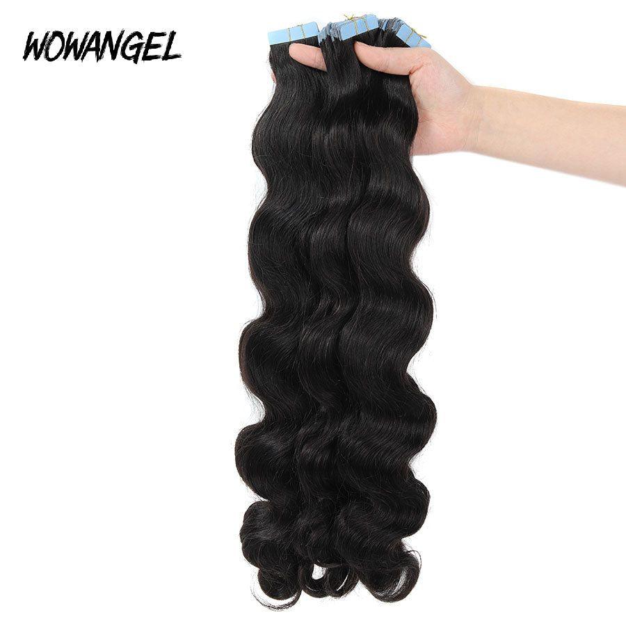 WOWANGEL Tape in Hair Extensions Body Wave Natural Black Human Hair 40pcs 100g - wowangel