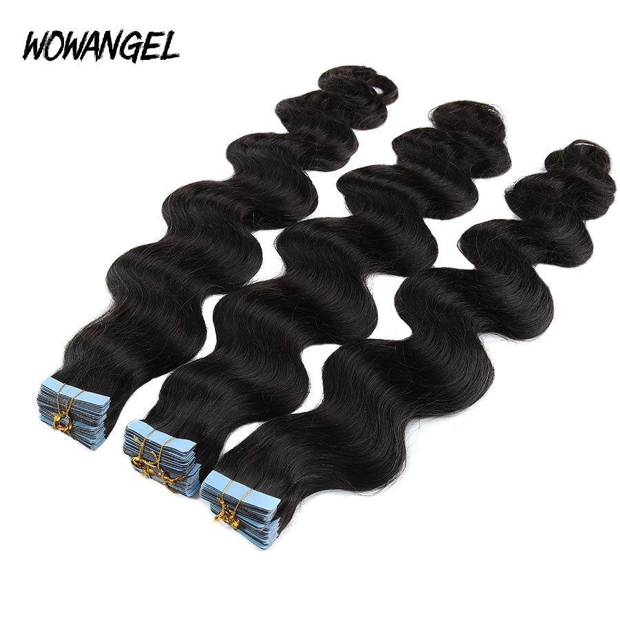 WOWANGEL Tape in Hair Extensions Body Wave Natural Black Human Hair 40pcs 100g - wowangel