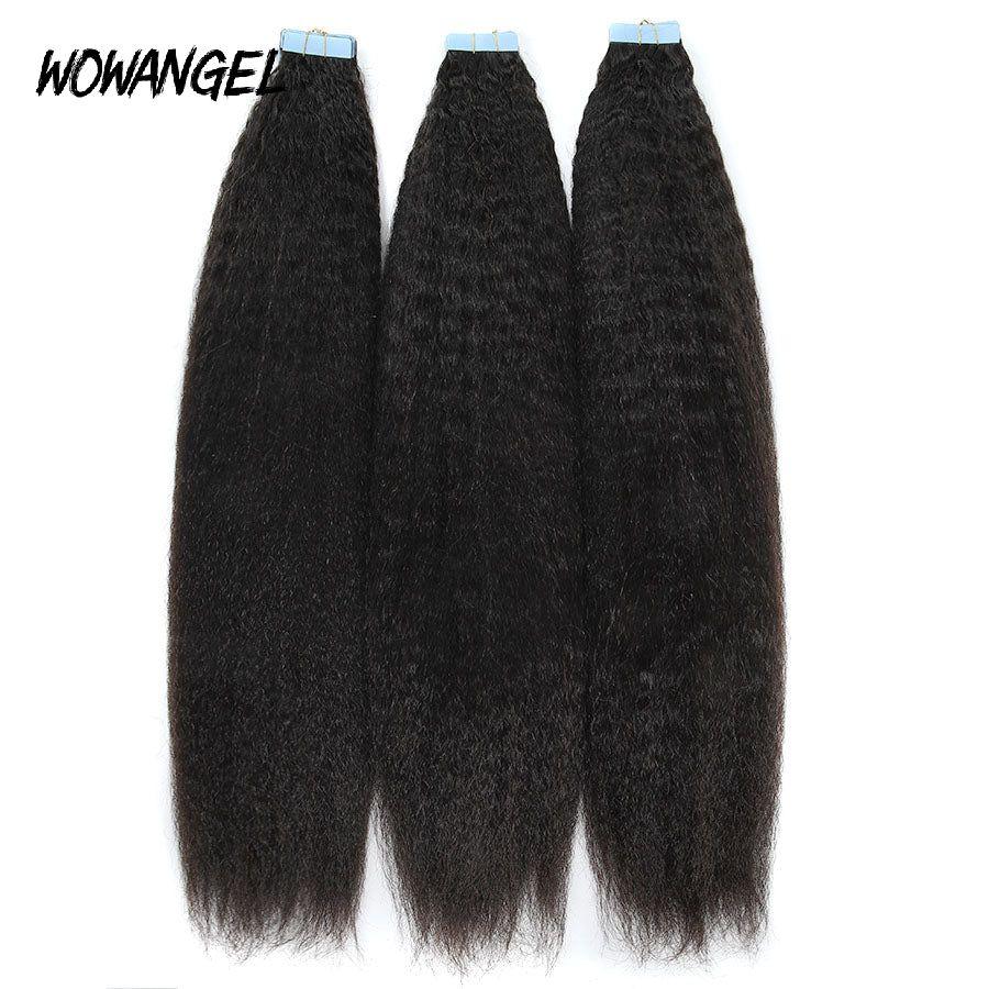 WOWANGEL Tape in Hair Extensions Kinky Straight Natural Black Human Hair 40pcs 100g - wowangel