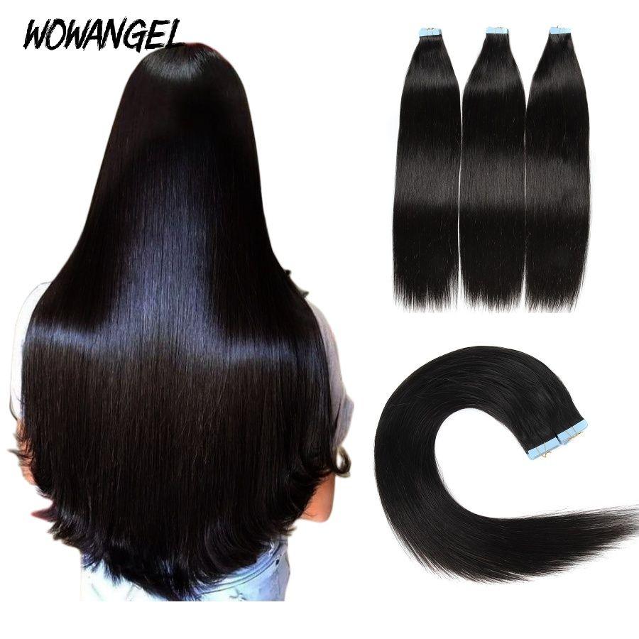 WOWANGEL Tape in Hair Extensions Straight Natural Black Human Hair 40pcs 100g - wowangel